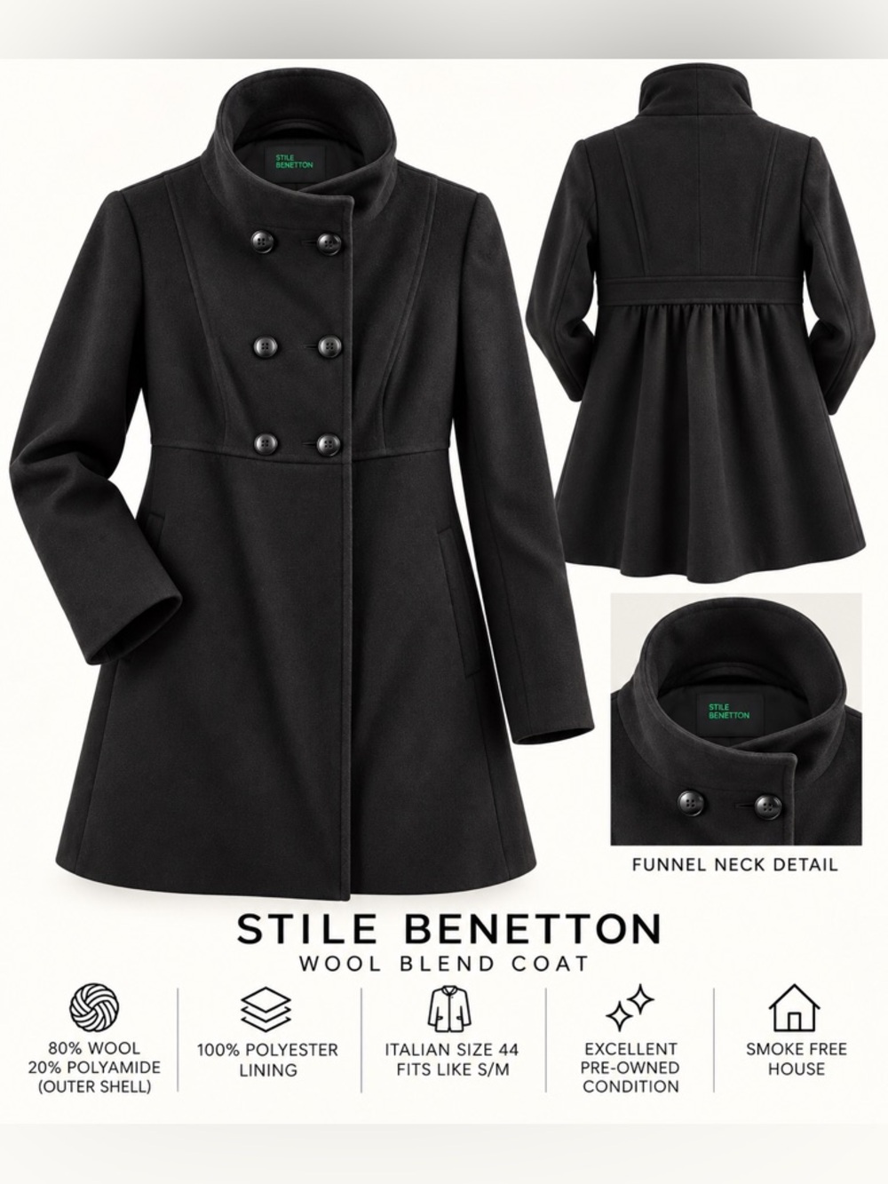 Stile Benetton Wool Blend Funnel Neck, Double Breasted, Coat.  80%wool